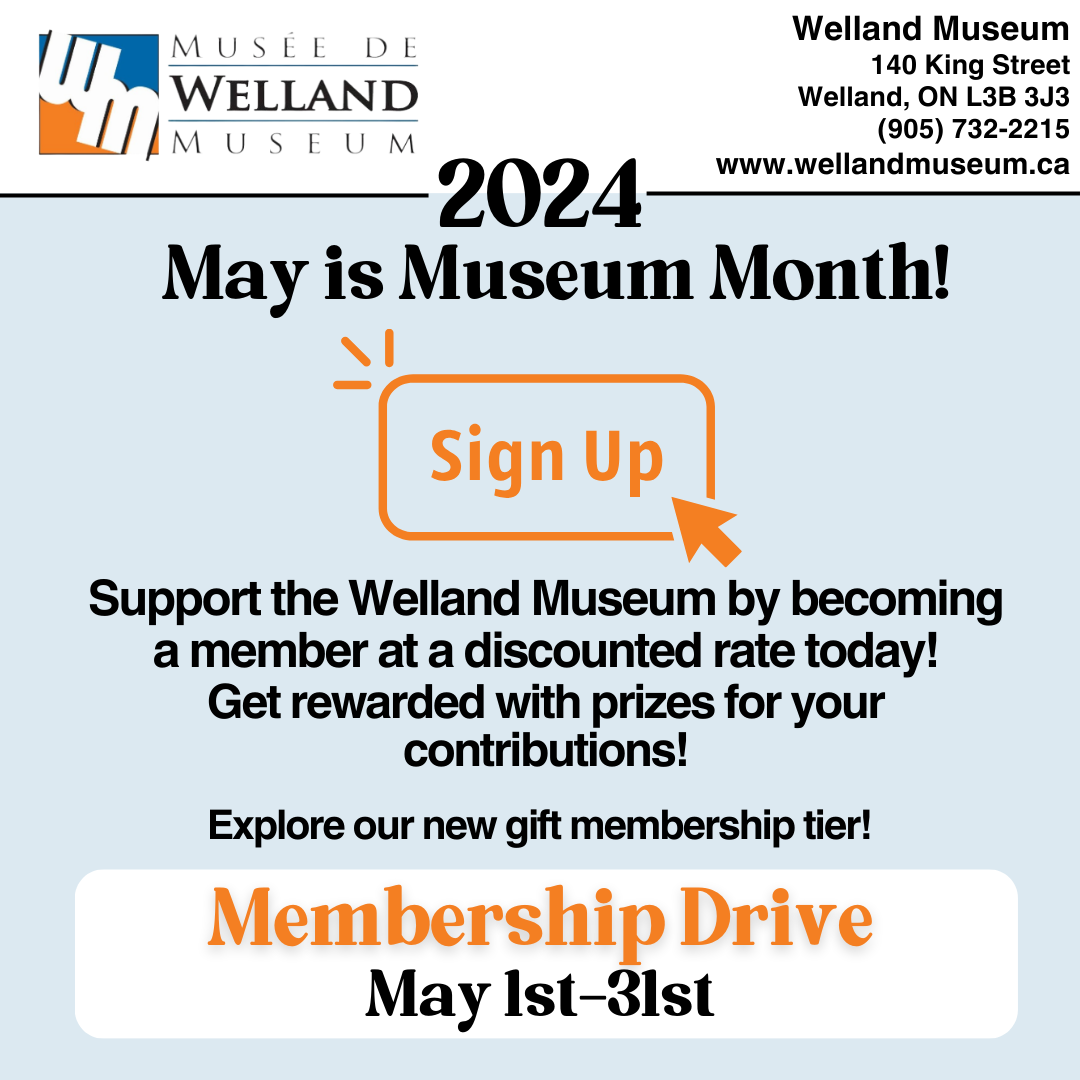 Promotional flyer for welland museum membership drive. blue and orange design, featuring details on discounted membership rates, website url, and contact information. includes a "sign up" button.